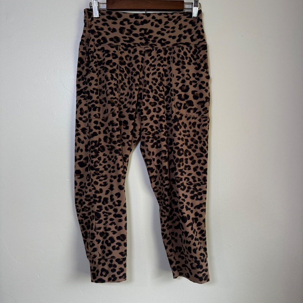 Oalka High Waisted Leopard Print Pocket Active Joggers Size Medium Brown
